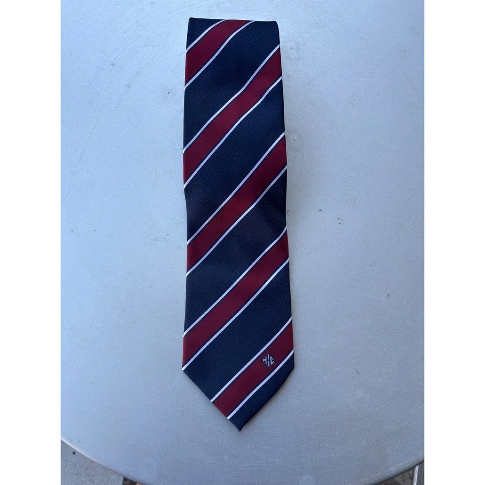 Navy Blue Burgundy White Striped Silk-Feel Microfill Classic Mens Necktie Logo